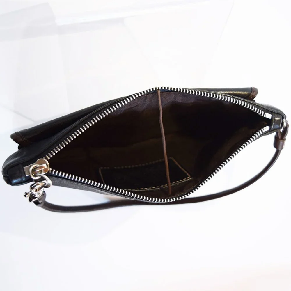 Coach Black Leather Wristlet With Brown Trim